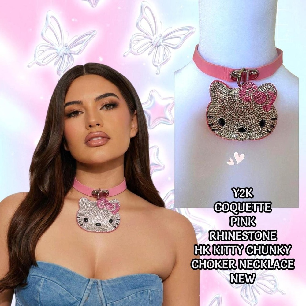 Y2K MCBLING PINK HK RHINESTONE PENDENT CHOKER NECKLACE‎ NEW